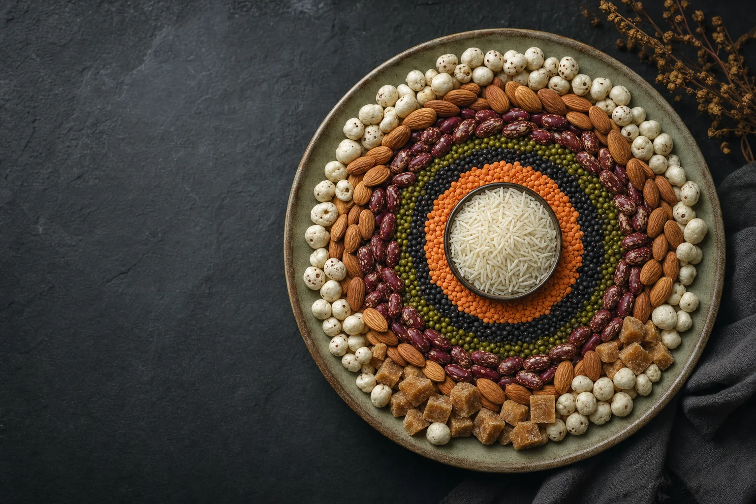 A concentric mandala of premium Indian staples, basmati rice, pulses, almonds, makhana and jaggery, arranged with quiet precision